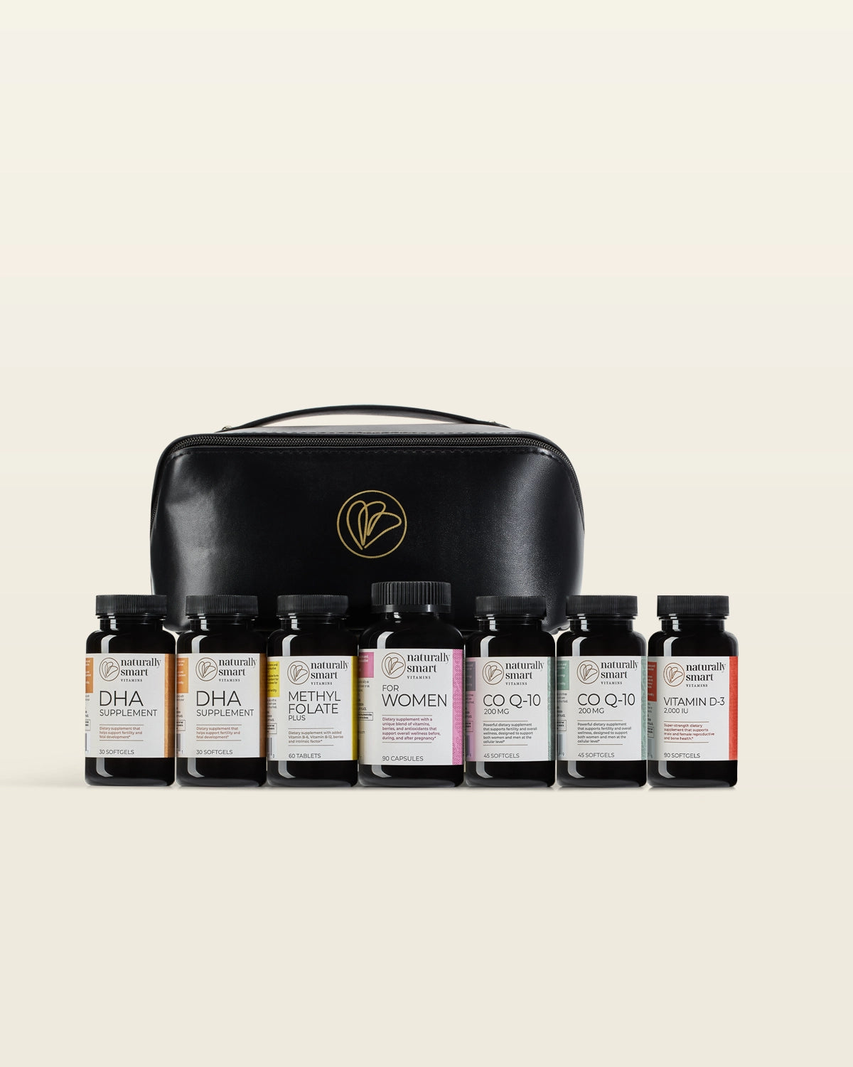 Set of supplement bottles for egg freezing with a black leather carrying case on a beige background