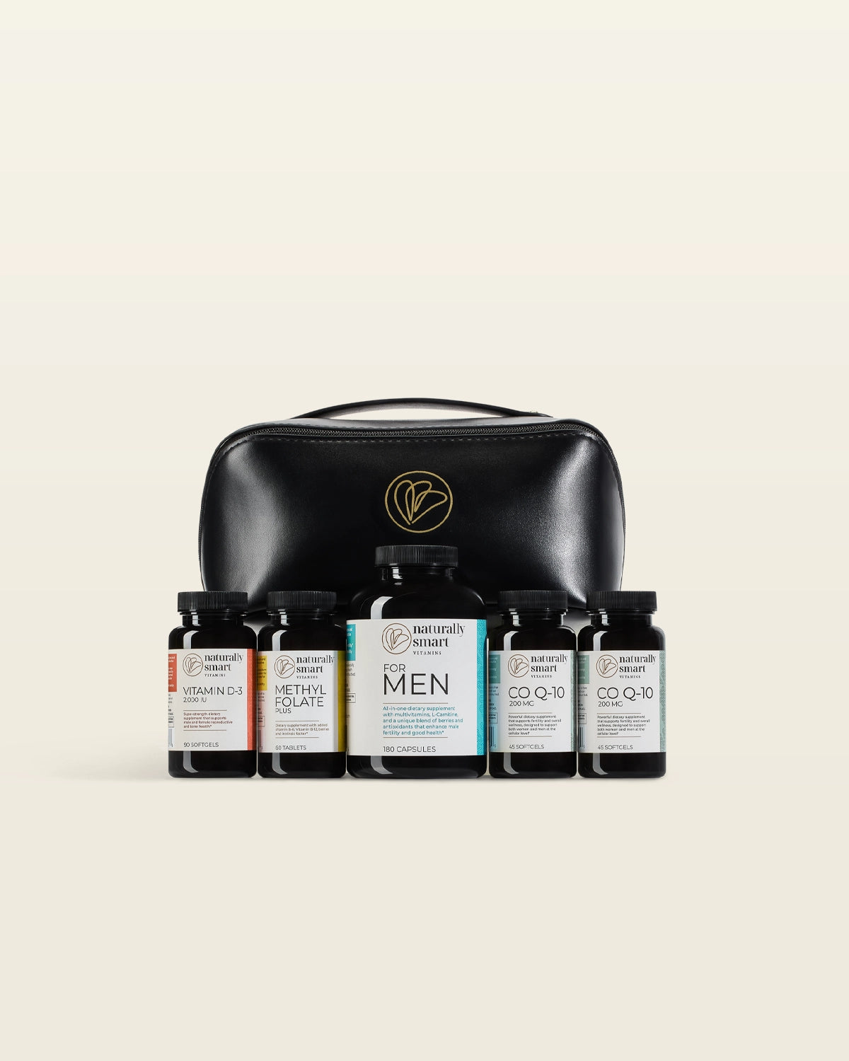Set of supplement bottles specifically for men with a black leather carrying case on a light beige background