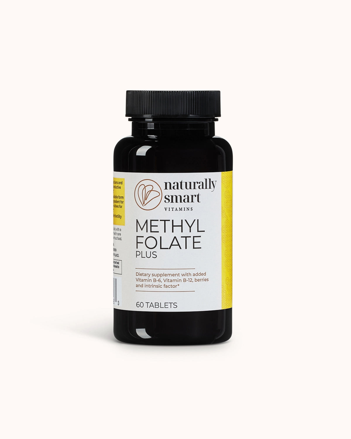 Naturally smart vitamin methylfolate plus view of the front side of the bottle.