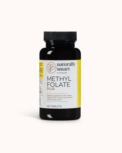 Naturally smart vitamin methylfolate plus view of the front side of the bottle.