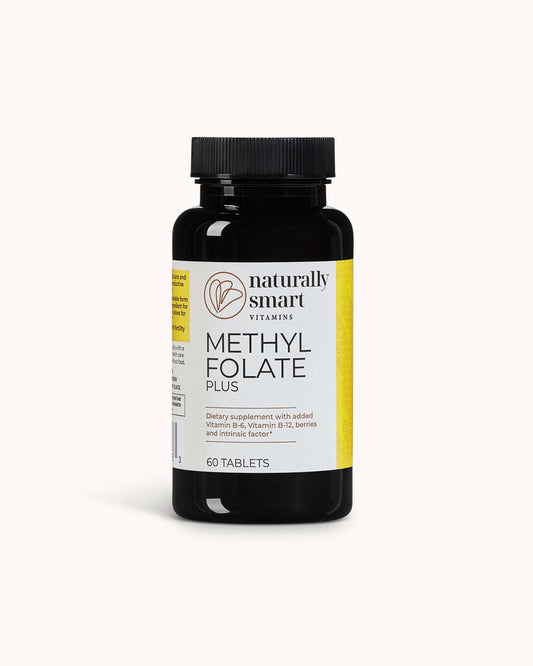 Naturally smart vitamin methylfolate plus view of the front side of the bottle.