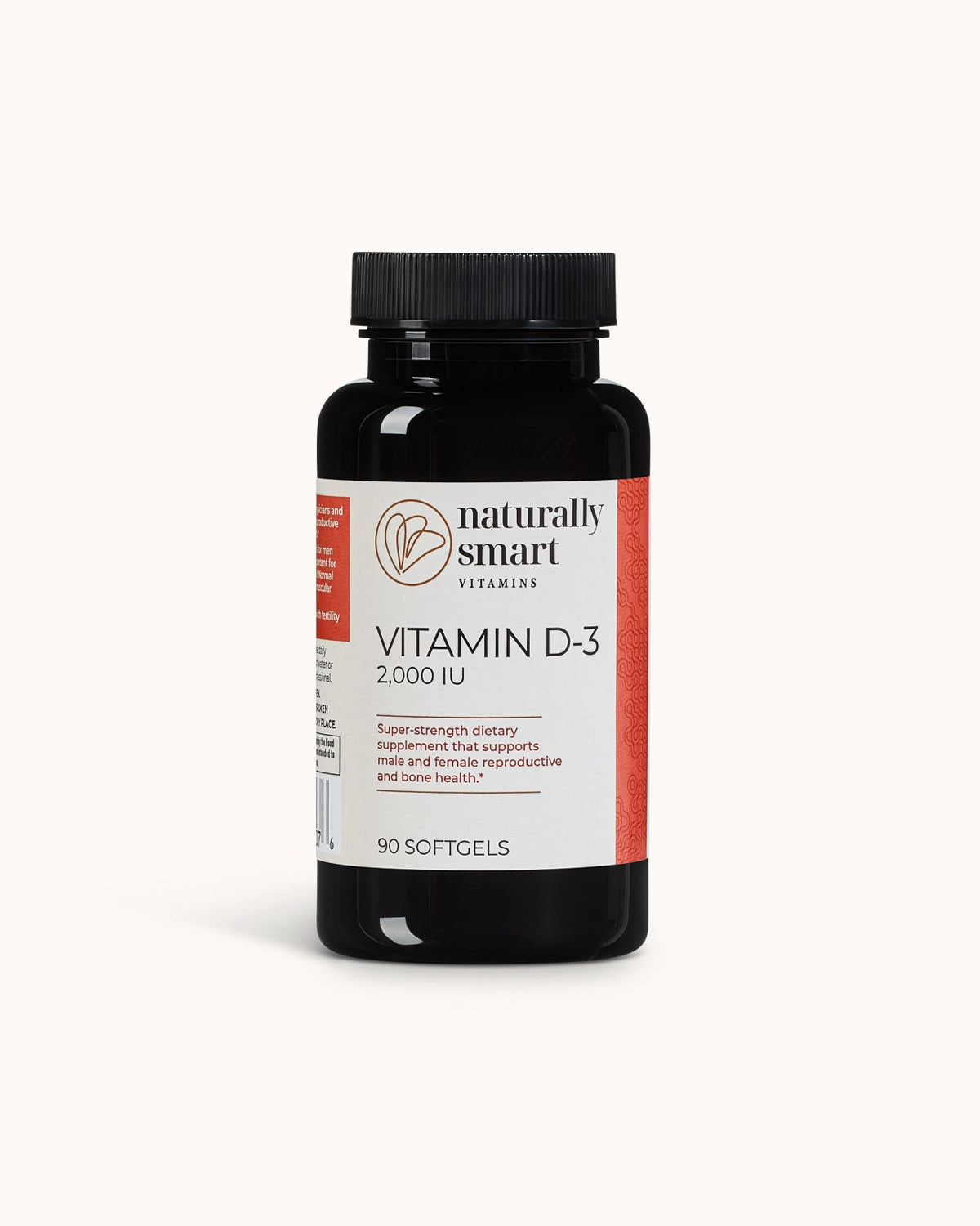 Naturally smart vitamin D3 view of the front side of the bottle.