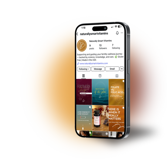 Phone displaying a social media profile for 'Naturally Smart Vitamins' on a gradient background