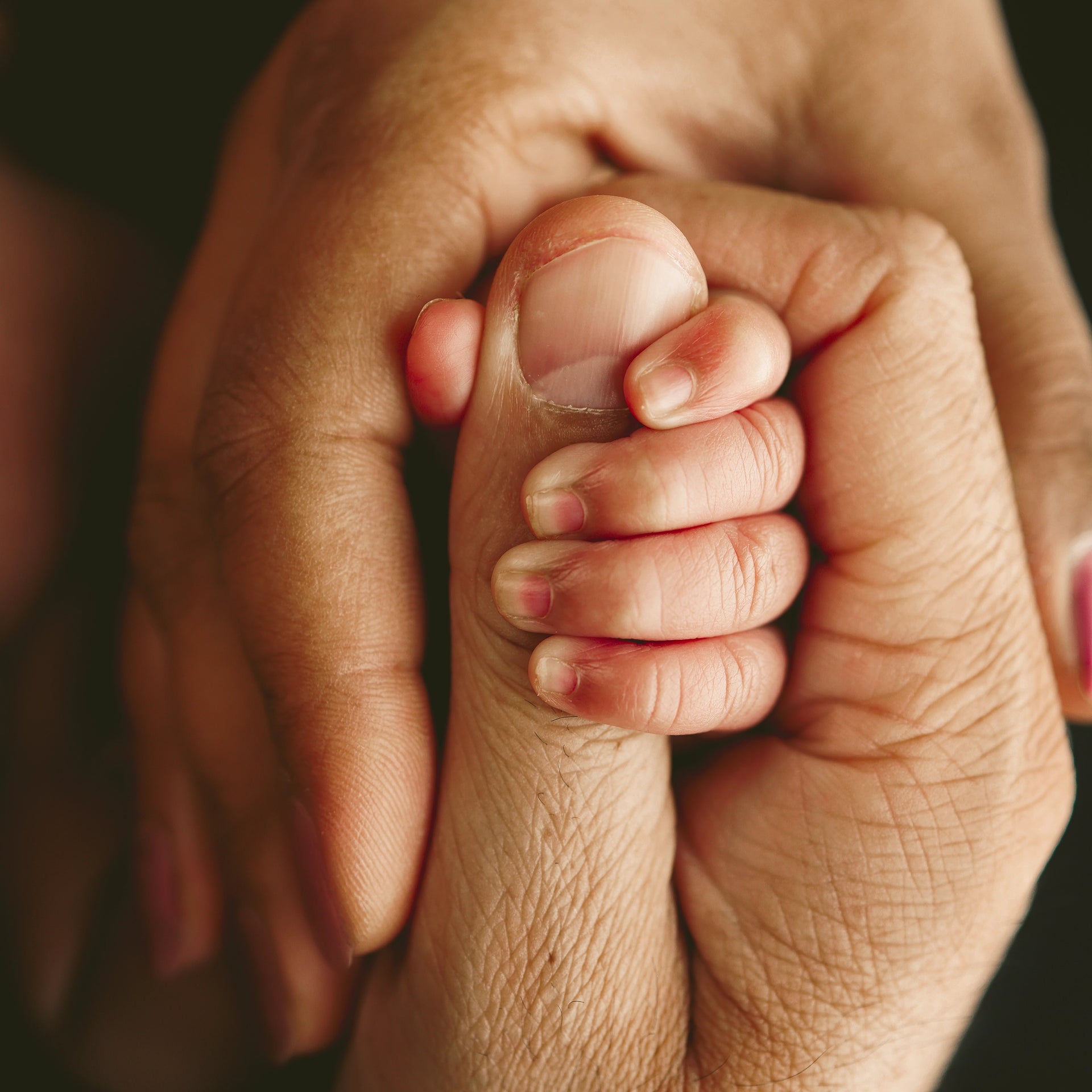 Close-up of a mother and father hand holding a newborn's hand