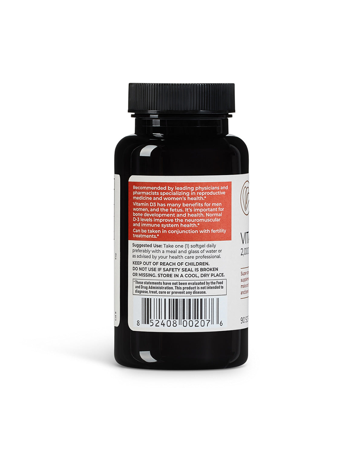 Bottle of naturally smart Vitamin D3 showcasing the side of the bottle of suggested use.