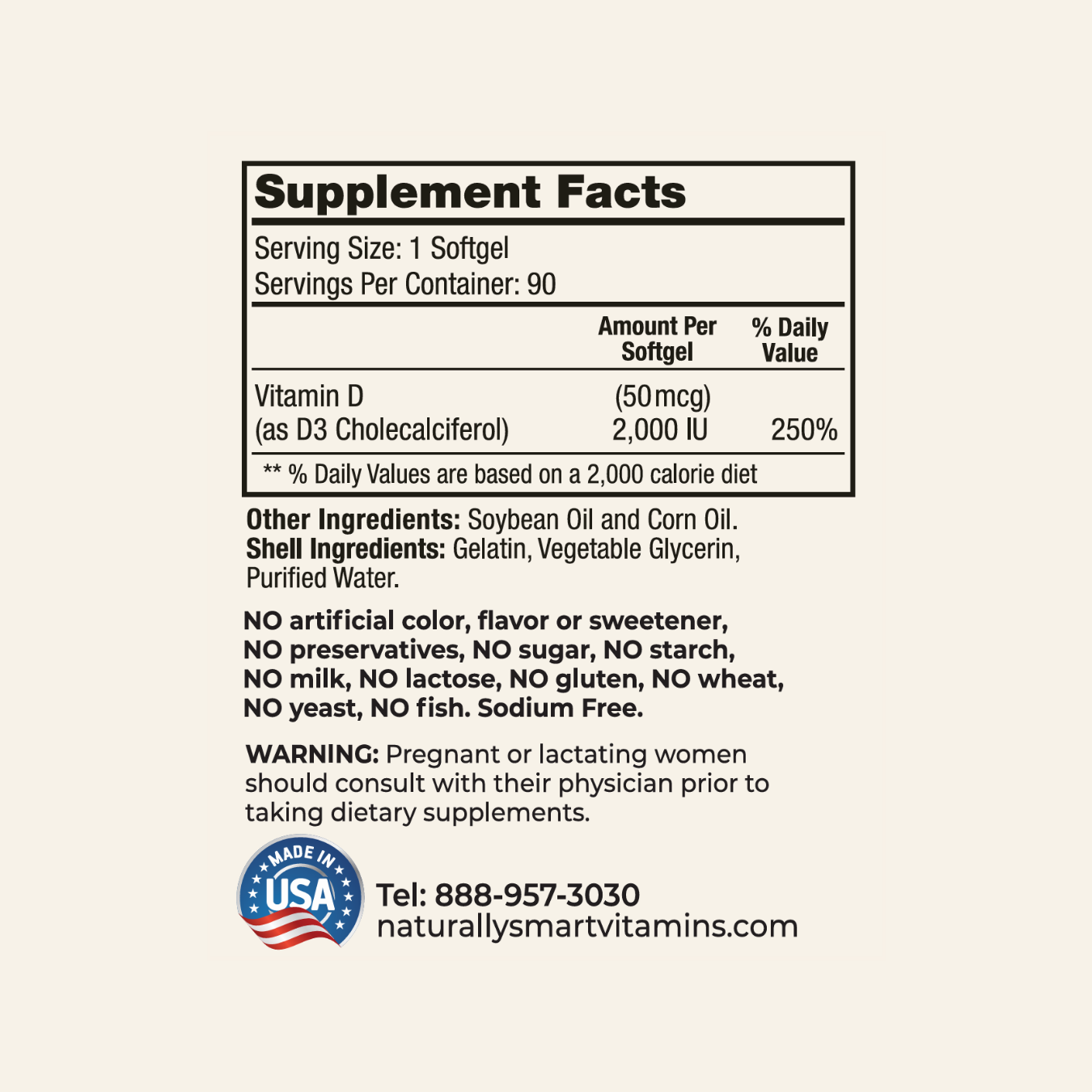 Naturally Smart vitamin D3 supplement facts label with detailed nutritional information on a white background.