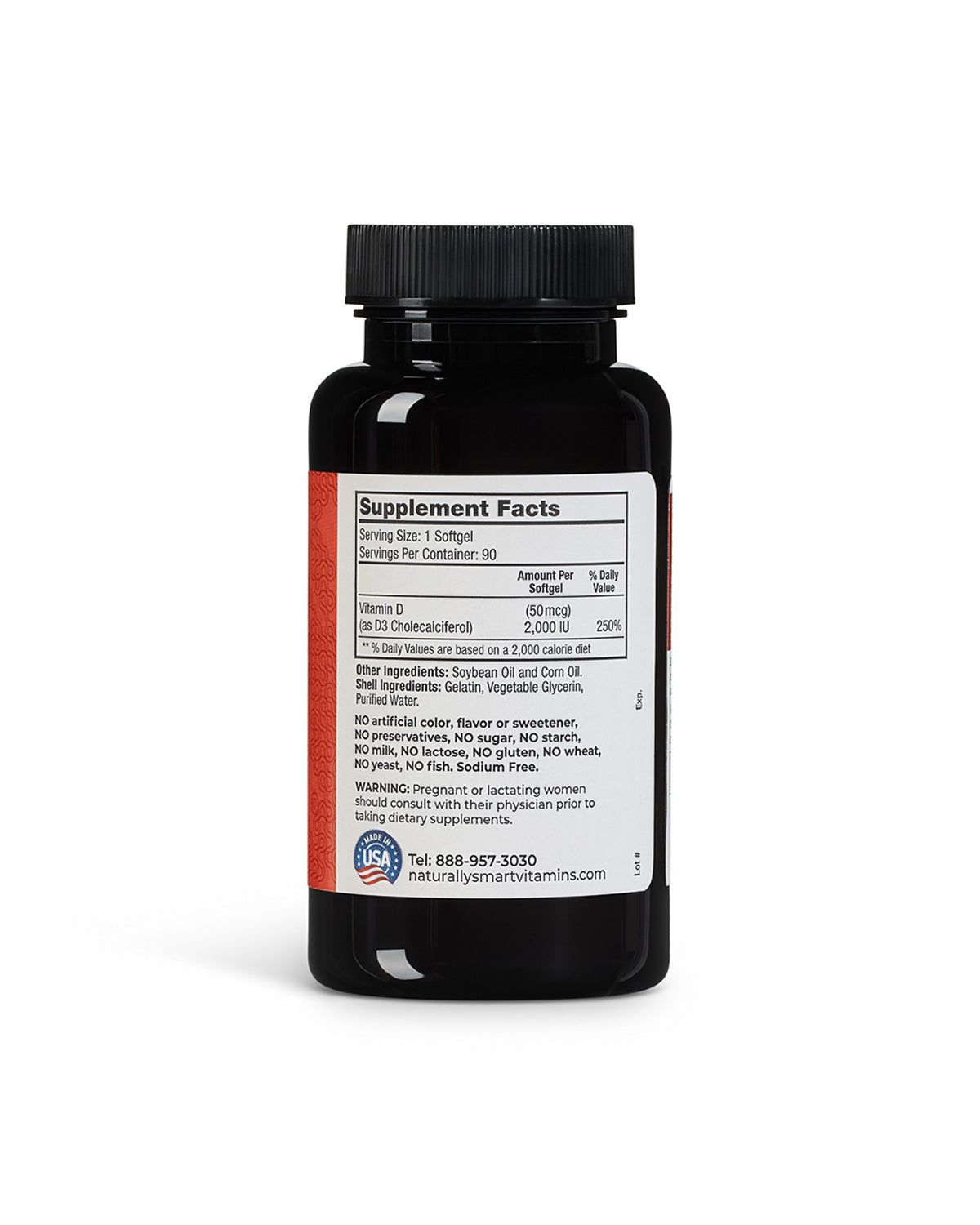 Bottle of naturally smart vitamin D3 showcasing the supplement facts label.