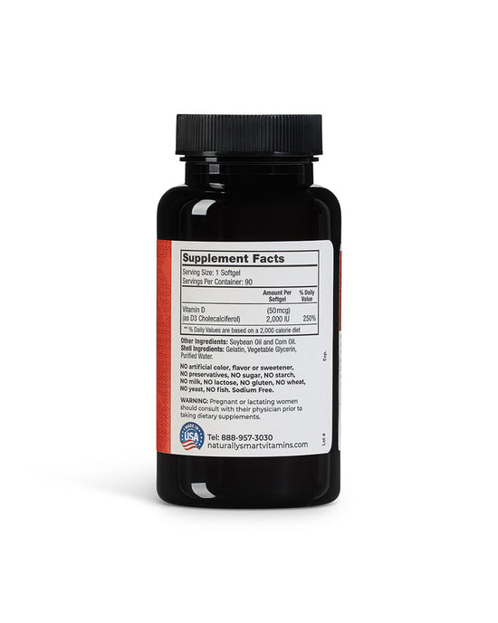 Bottle of naturally smart vitamin D3 showcasing the supplement facts label.