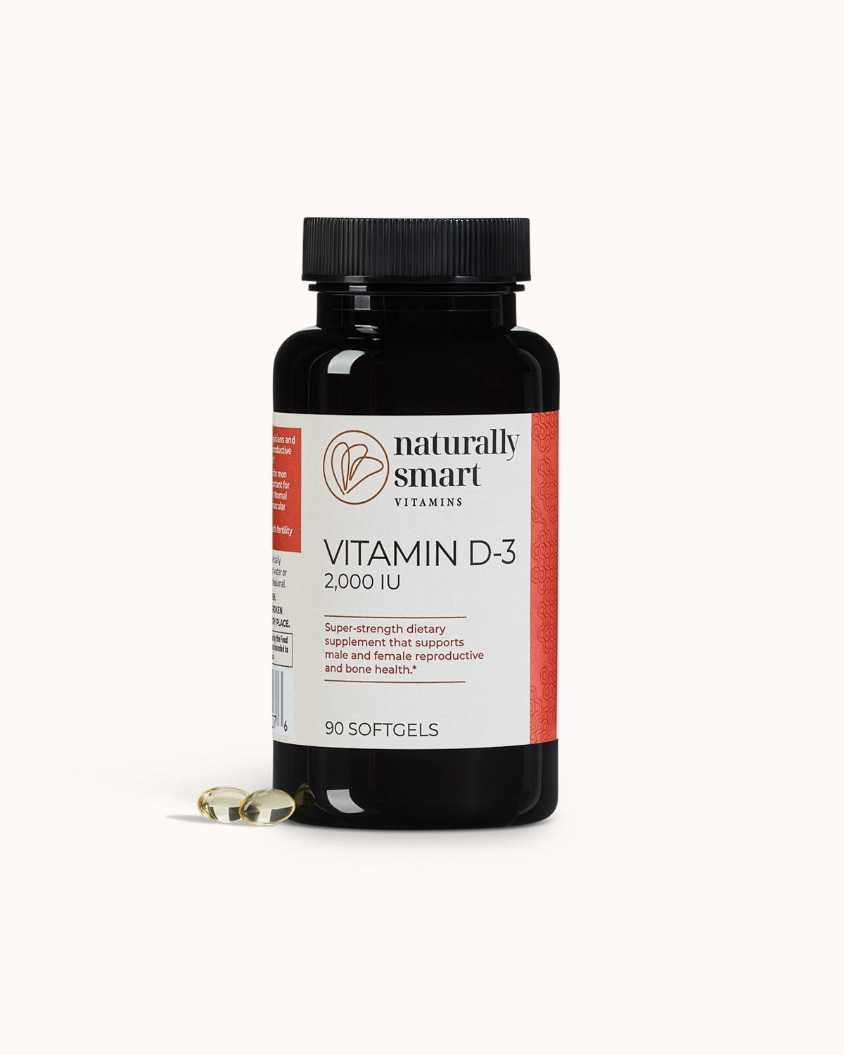 Front side view of the bottle of naturally smart vitamin D3 showcasing two softgels side by side.