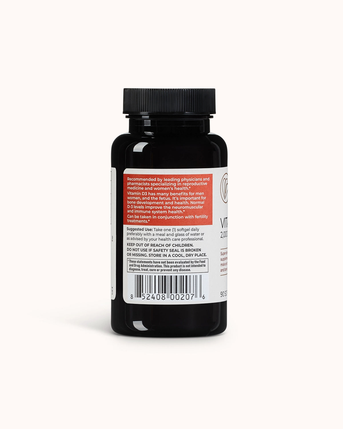 Bottle of naturally smart vitamin D3 showcasing the side of the bottle of suggested use.