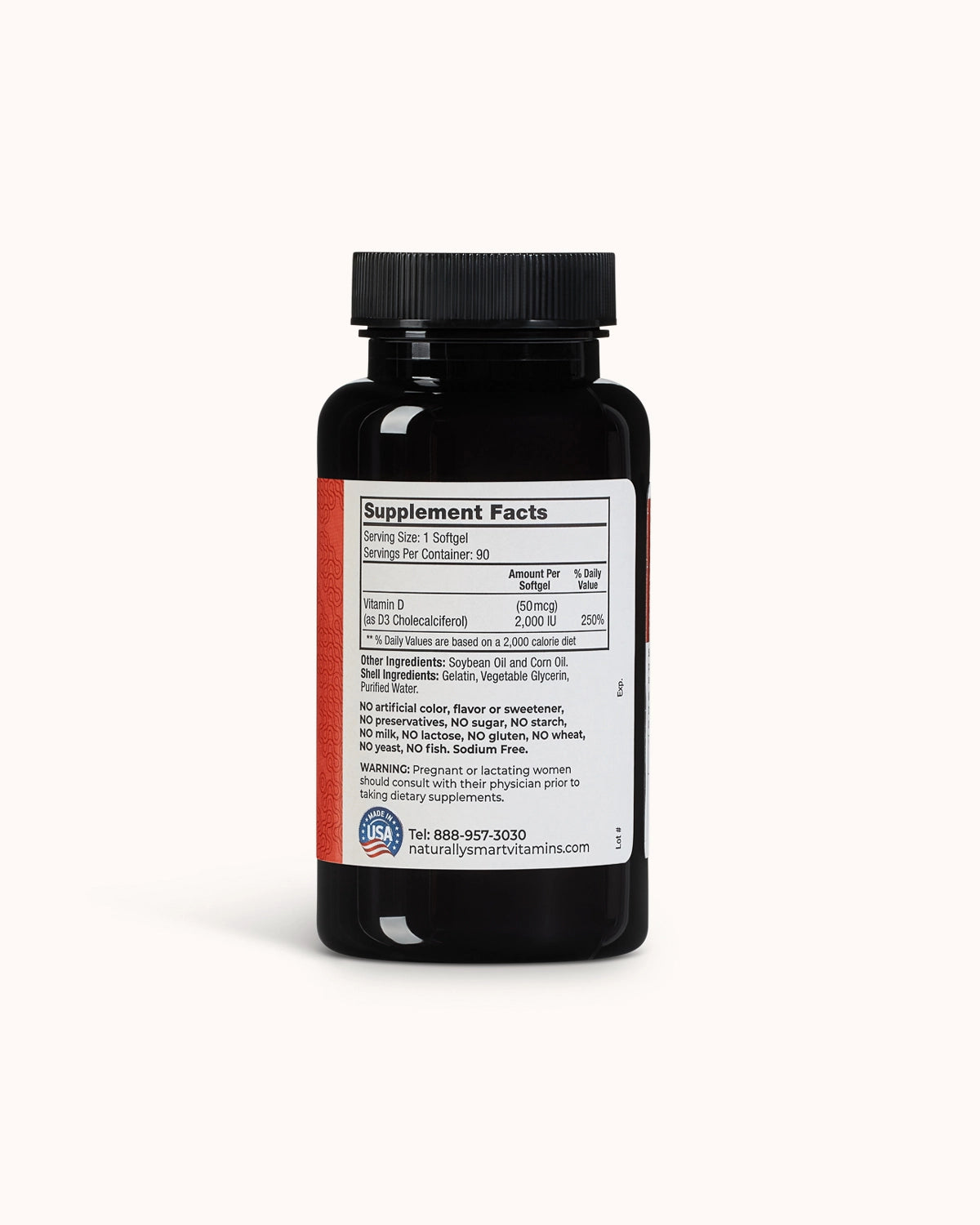 Bottle of naturally smart vitamin D3 showcasing the supplement facts label.