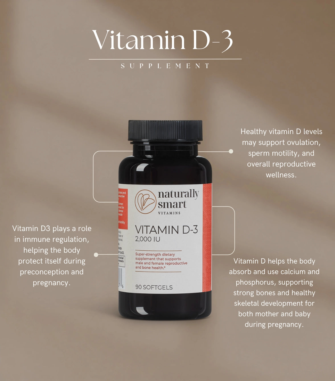 Vitamin D-3 supplement bottle with text on a brown background