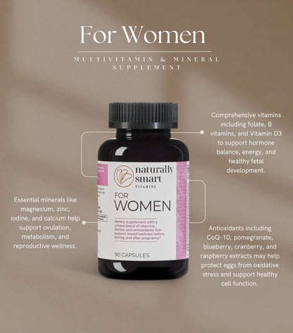 Multivitamin supplement bottle labeled 'Naturally Smart' for women on a beige background with text about its benefits.