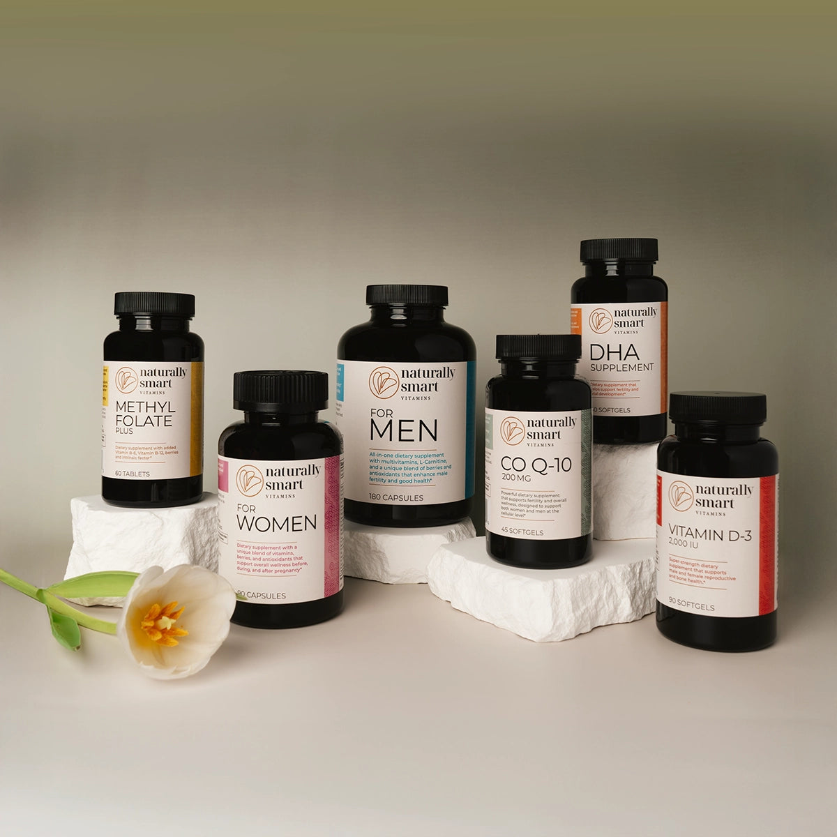 Collection of 'naturally smart' supplement bottles on a neutral background with a flower.